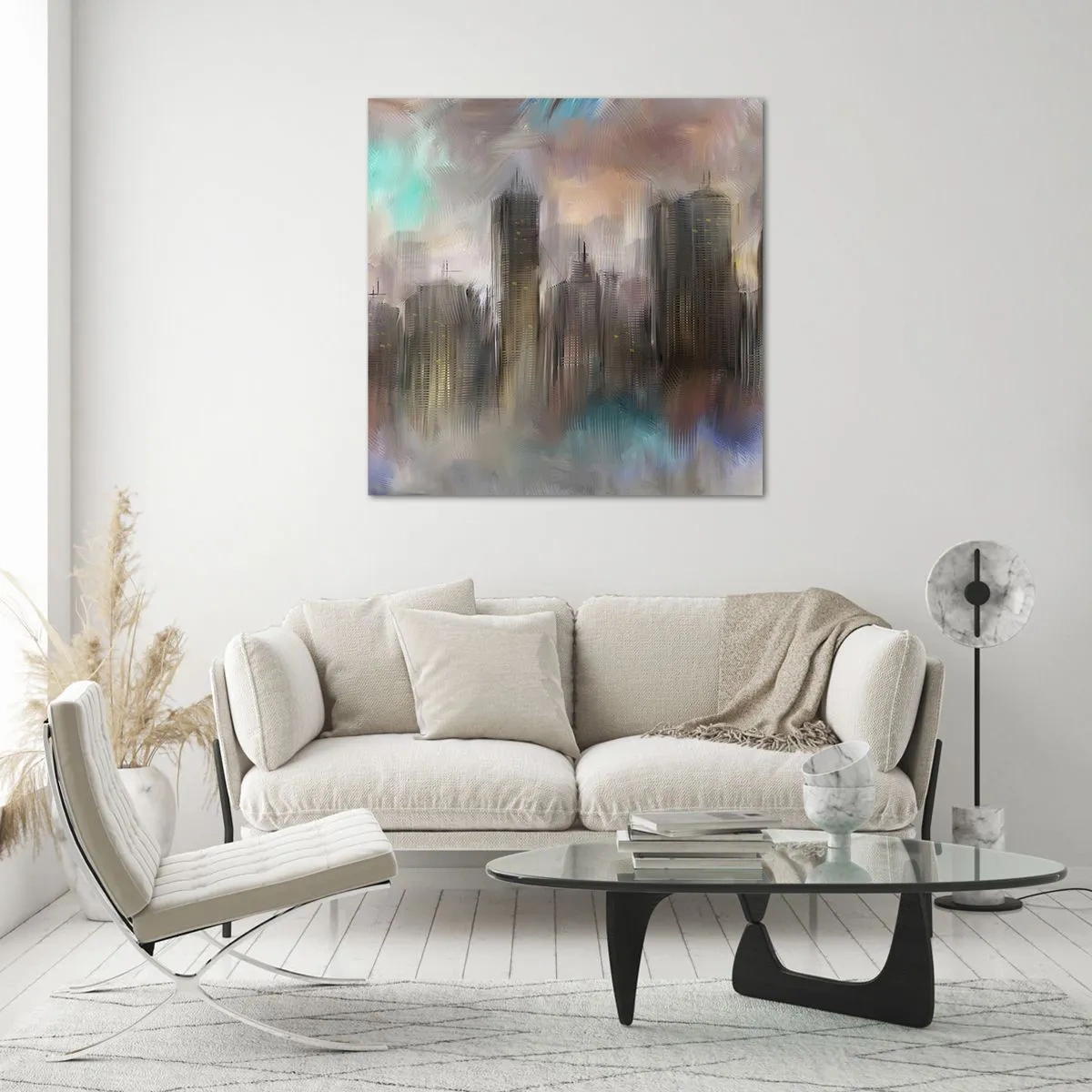 Schilderen op glas - Een compositie van staal, steen en mist - 70x70 cm