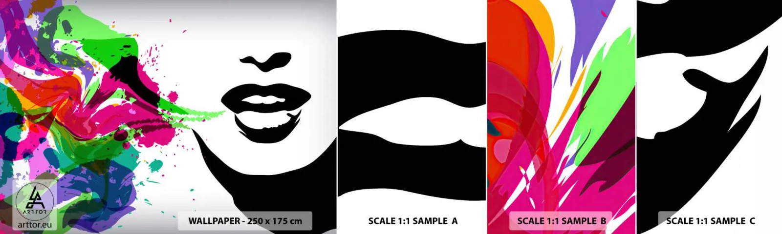 Fotobehang Monster Zelfklevend Deluxe Sticker - Een verhaal in de kleuren van de regenboog - Abstractie, Mond, Kleurrijke afbeeldingen - 100x30 cm