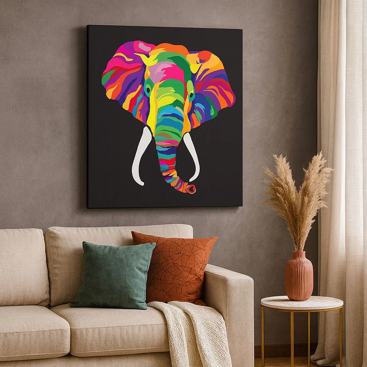 Schilderen op canvas - De olifant die ervan hield om in de regenboog te baden - 30x30 cm