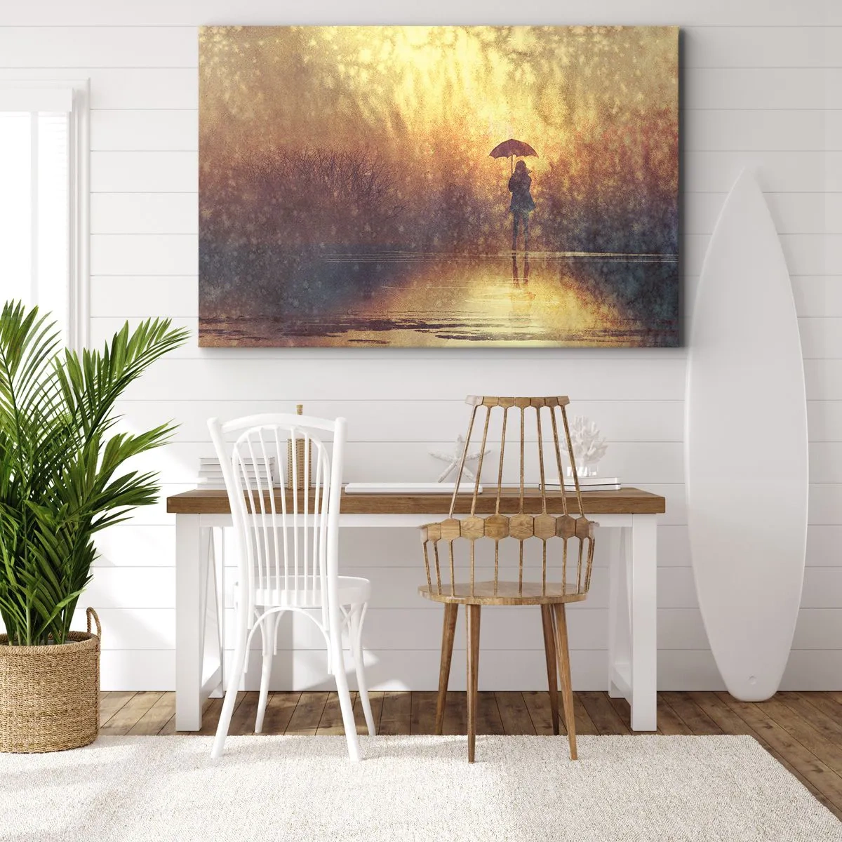 Schilderen op canvas - Een figuur met een paraplu in een mistig landschap vol reflecties - 70x50cm - Ik voel dat iemand naar me kijkt - Moderne wanddecoratie voor woonkamer en slaapkamer ARTTOR