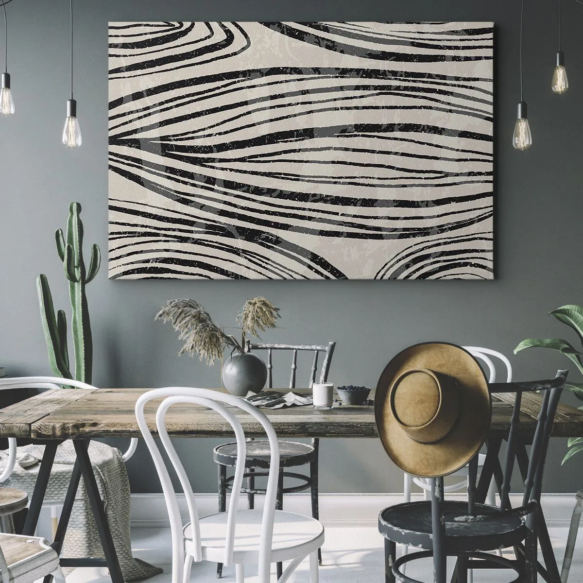 Schilderen op canvas - Abstracte golven in zwart-wit tinten - 70x50cm - Lijnoverstromingsvlakte - Moderne wanddecoratie voor woonkamer en slaapkamer ARTTOR