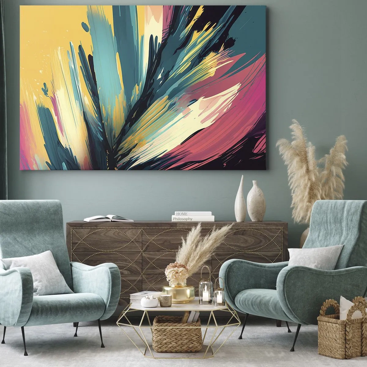 Schilderen op canvas - Een abstracte compositie in intense en contrasterende kleuren. - 70x50cm - Compositie – een explosie van vreugde - Moderne wanddecoratie voor woonkamer en slaapkamer ARTTOR