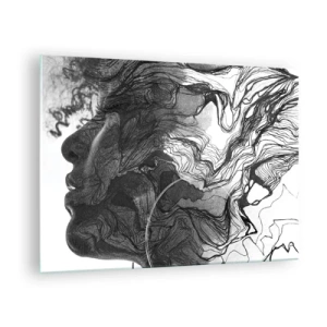 Schilderen op glas - Zwart-wit silhouet van een vrouw met abstracte lijnen - 70x50cm - Verstrikt in dromen - Moderne wanddecoratie voor woonkamer en slaapkamer ARTTOR