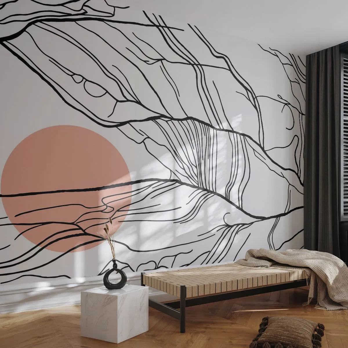 Fotobehang Standard Eco - Abstracte lijnen op een witte achtergrond met een geometrisch accent - 100x70cm - In een web van twijgen - Moderne wanddecoratie voor woonkamer en slaapkamer ARTTOR