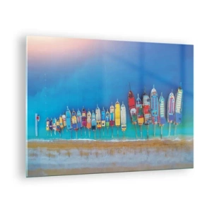 Schilderen op glas - Kleurrijke boten aan de kust van de turquoise zee - 70x50cm - Vanuit vogelperspectief - Moderne wanddecoratie voor woonkamer en slaapkamer ARTTOR
