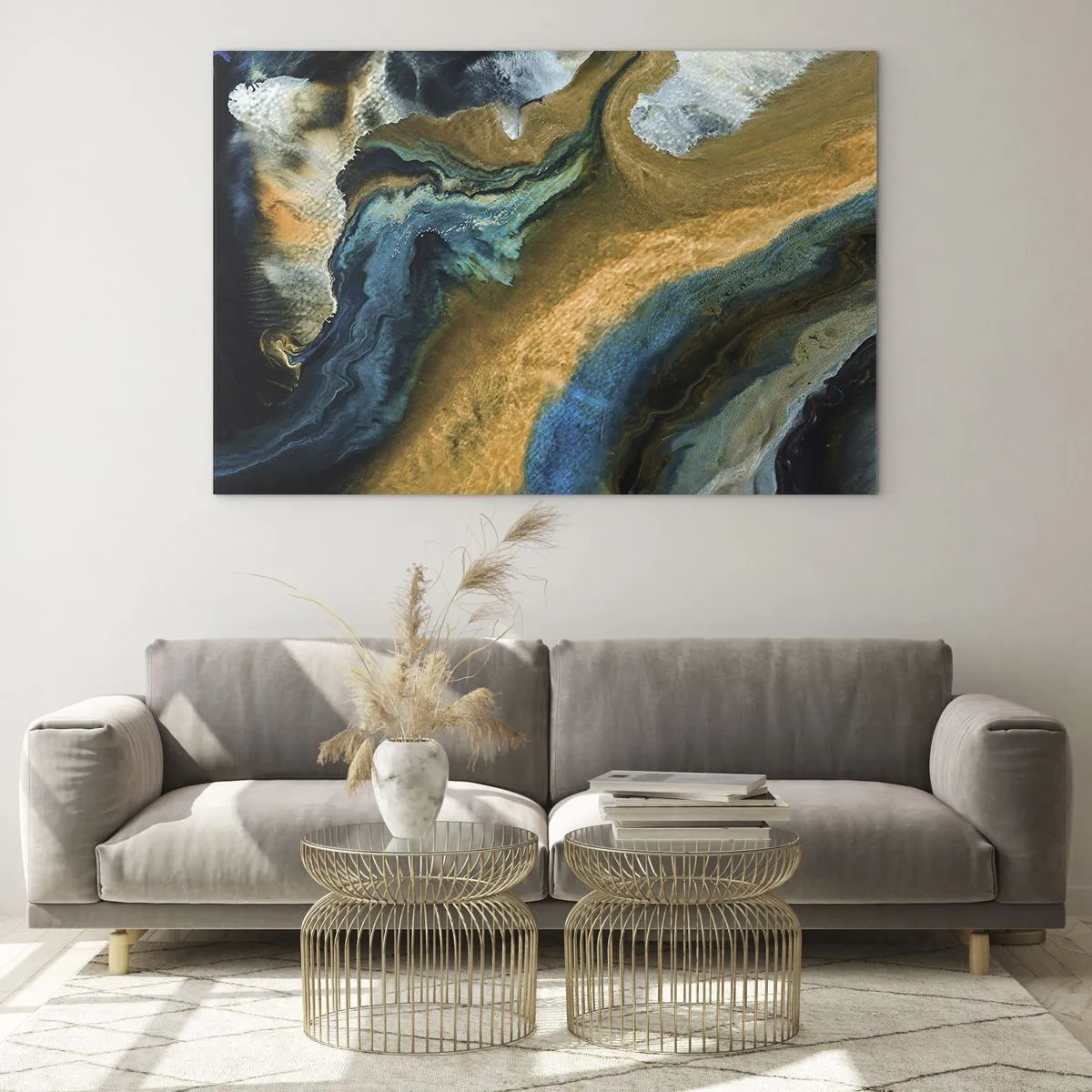 Schilderen op glas - Abstracte compositie in tinten blauw en goud - 70x50cm - Blauw - geel - wederzijdse invloeden - Moderne wanddecoratie voor woonkamer en slaapkamer ARTTOR