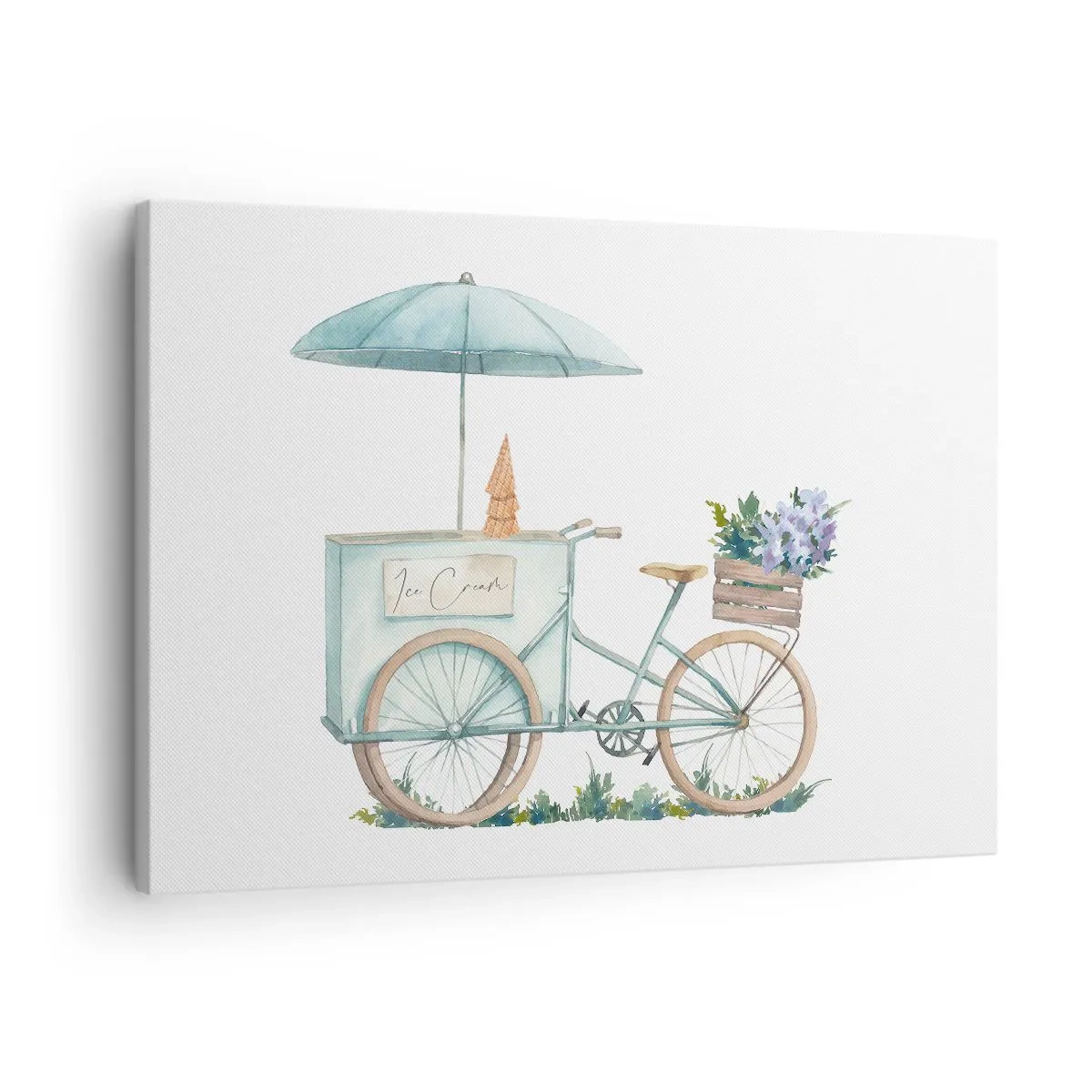 Schilderen op canvas - Een fiets met ijs en bloemen onder een paraplu in delicate pastelkleuren - 70x50cm - Zoete herinnering aan de zomer - Moderne wanddecoratie voor woonkamer en slaapkamer ARTTOR