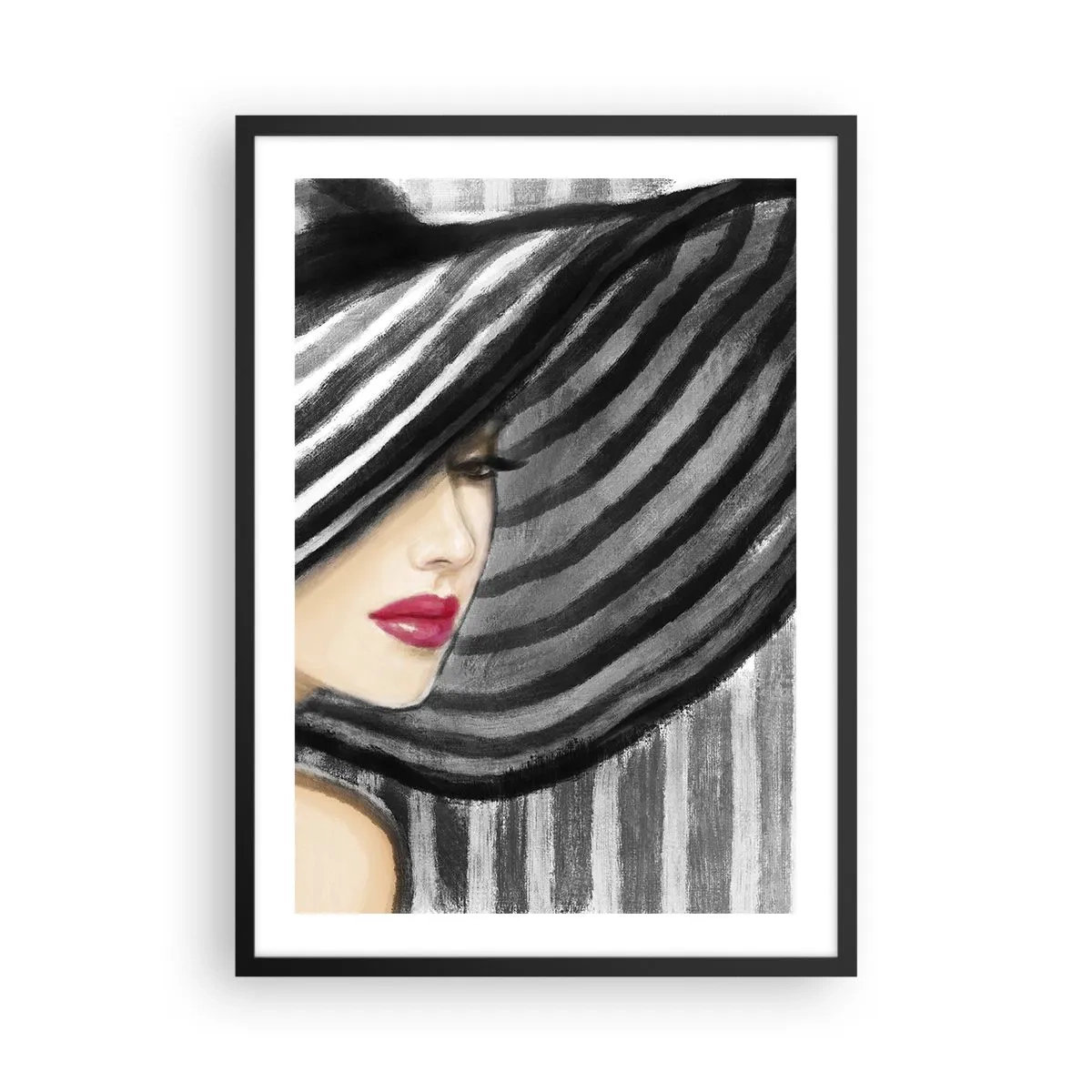 Poster in een zwarte lijst - Een vrouw met een brede hoed en rode lippen - 50x70cm - Waar moet je zoeken? - Moderne wanddecoratie voor woonkamer en slaapkamer ARTTOR