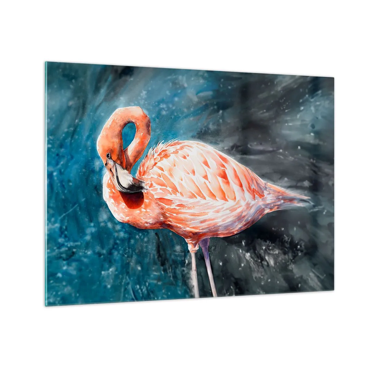 Schilderen op glas - Een roze flamingo tegen een blauwe aquarelachtergrond - 70x50cm - Decoratief van aard - Moderne wanddecoratie voor woonkamer en slaapkamer ARTTOR