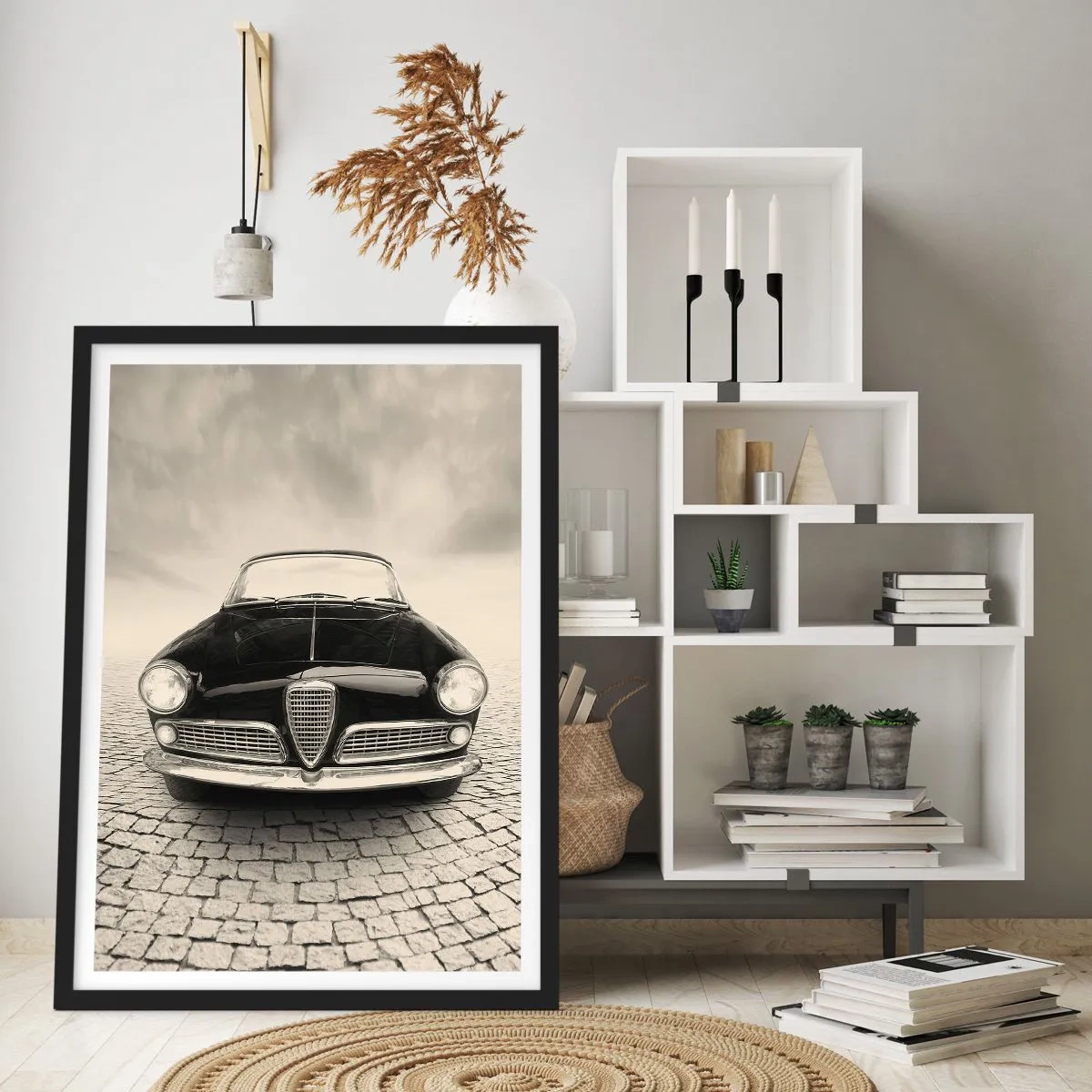 Poster in een zwarte lijst - De voorkant van een klassieke auto op een geplaveide straat - 50x70cm - Je moet gewoon van me houden - Moderne wanddecoratie voor woonkamer en slaapkamer ARTTOR