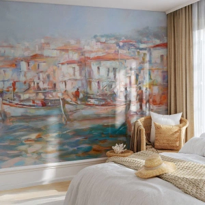 Fotobehang Standard Eco - Pastel vakantie - Havenstad, Architectuur, Vissersboot - 350x256 cm