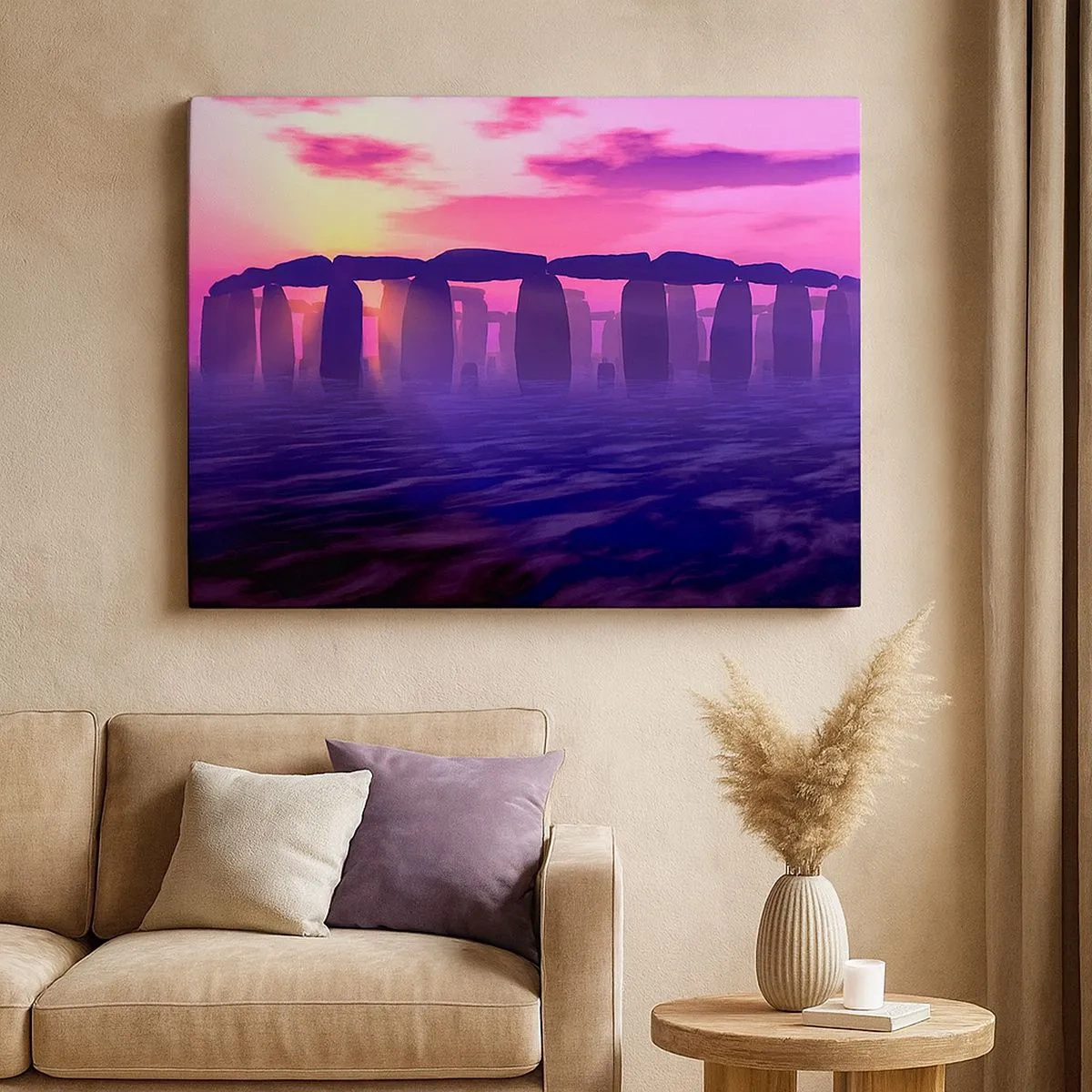 Schilderen op canvas - Stenen cirkel bij zonsondergang met een paarse lucht - 70x50cm - Mysterie bij zonsopgang in de mist - Moderne wanddecoratie voor woonkamer en slaapkamer ARTTOR