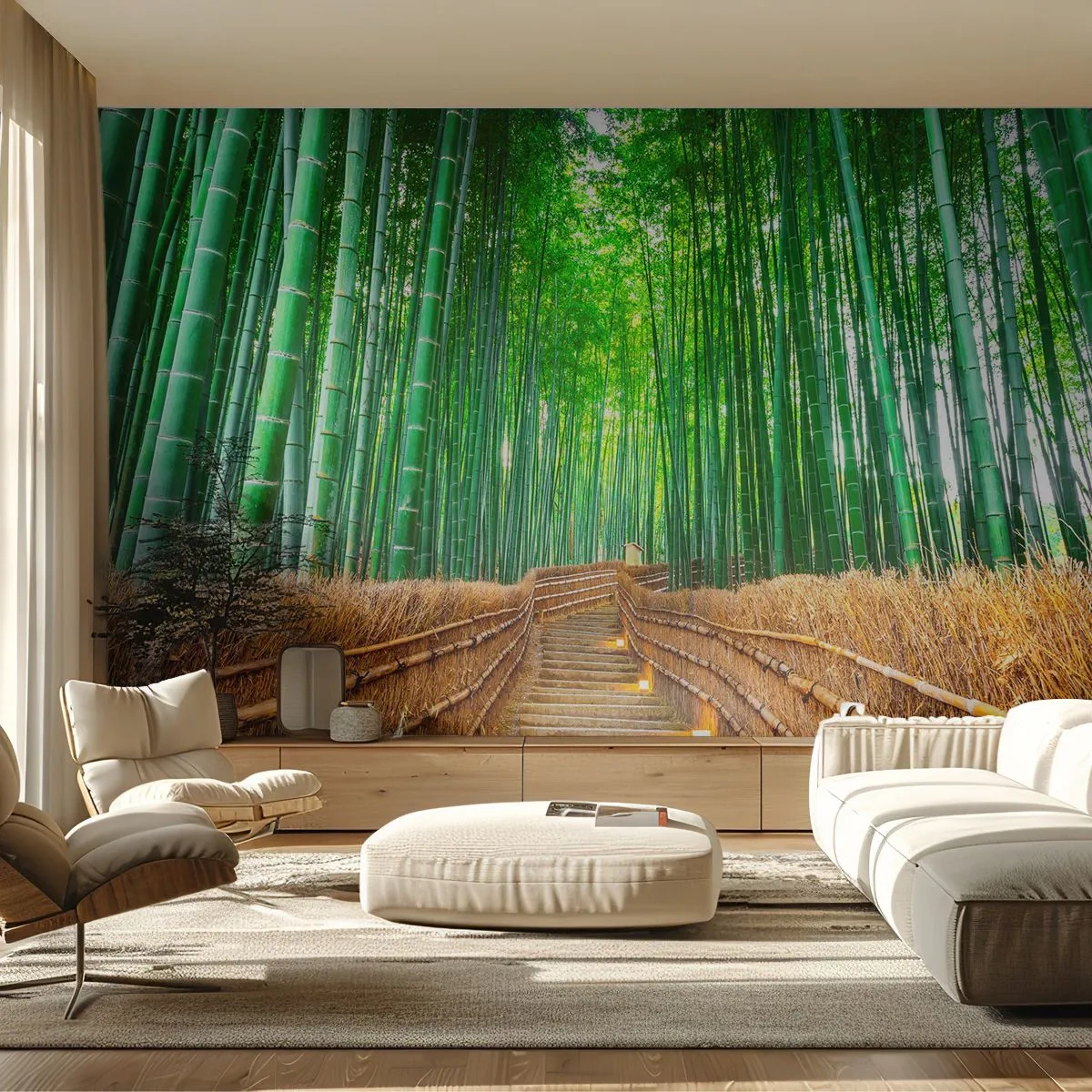 Fotobehang Premium Sand - De essentie van de aziatische natuur - Bamboe, Bamboo Bos, Natuur - 150x105 cm