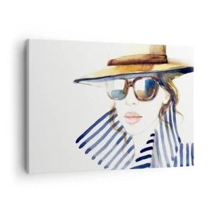 Schilderen op canvas - Portret van een vrouw met een hoed en een zonnebril - 70x50cm - Florida heet u welkom! - Moderne wanddecoratie voor woonkamer en slaapkamer ARTTOR
