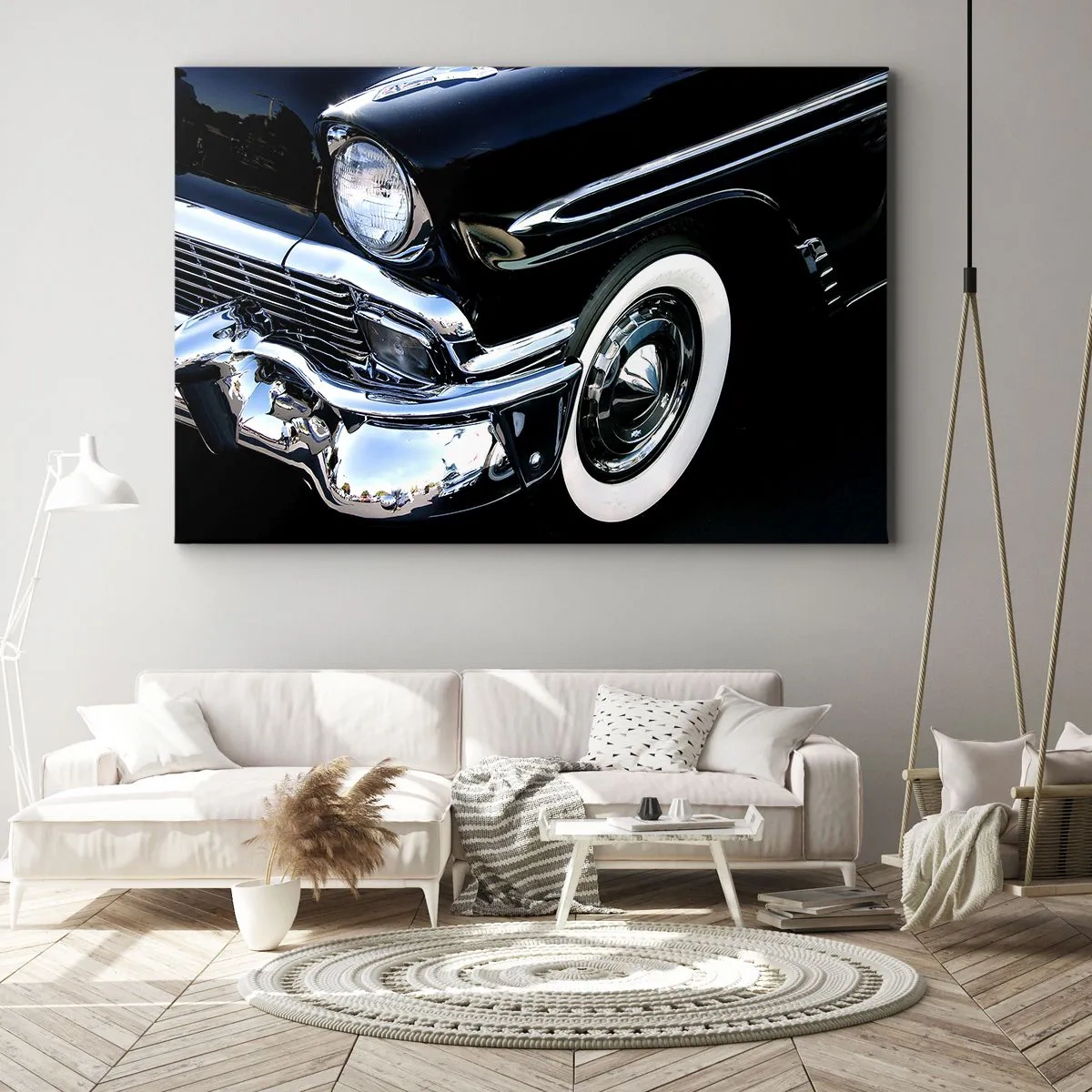 Schilderen op canvas - Close-up van koplamp en spatbord van een zwarte klassieke auto - 70x50cm - Klassiek in zilver, zwart en wit - Moderne wanddecoratie voor woonkamer en slaapkamer ARTTOR