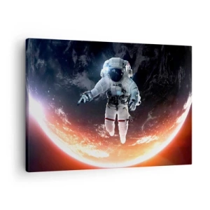 Schilderen op canvas - Een astronaut die boven een zonovergoten aarde zweeft - 70x50cm - Mag ik nog wat langer blijven? - Moderne wanddecoratie voor woonkamer en slaapkamer ARTTOR