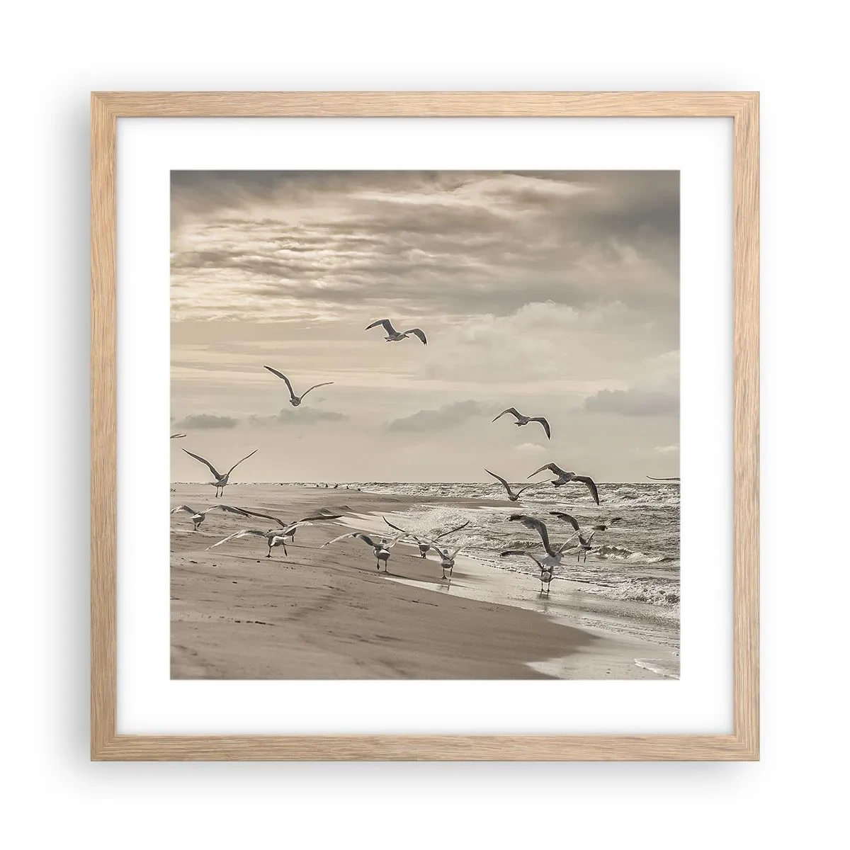 Een poster in een licht eiken lijst - Het geluid van de zee, het zingen van vogels - 40x40 cm