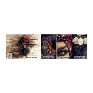 Fotobehang Monster Premium Canvas - Op zijn zachtst gezegd verontrustend - Abstractie, Het gezicht van de vrouw, Oosterse symbolen - 100x30 cm