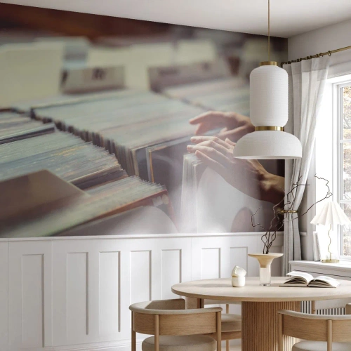 Fotobehang Premium Canvas - Op zoek naar emoties - Vinyl, Muziek, Muziekwinkel - 150x105 cm