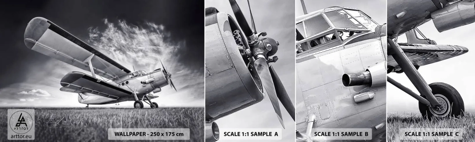 Fotobehang Monster Zelfklevend Deluxe Sticker - De gevleugelde zwerver - Vliegtuig, Vliegtuigen, Zwart en wit - 100x30 cm