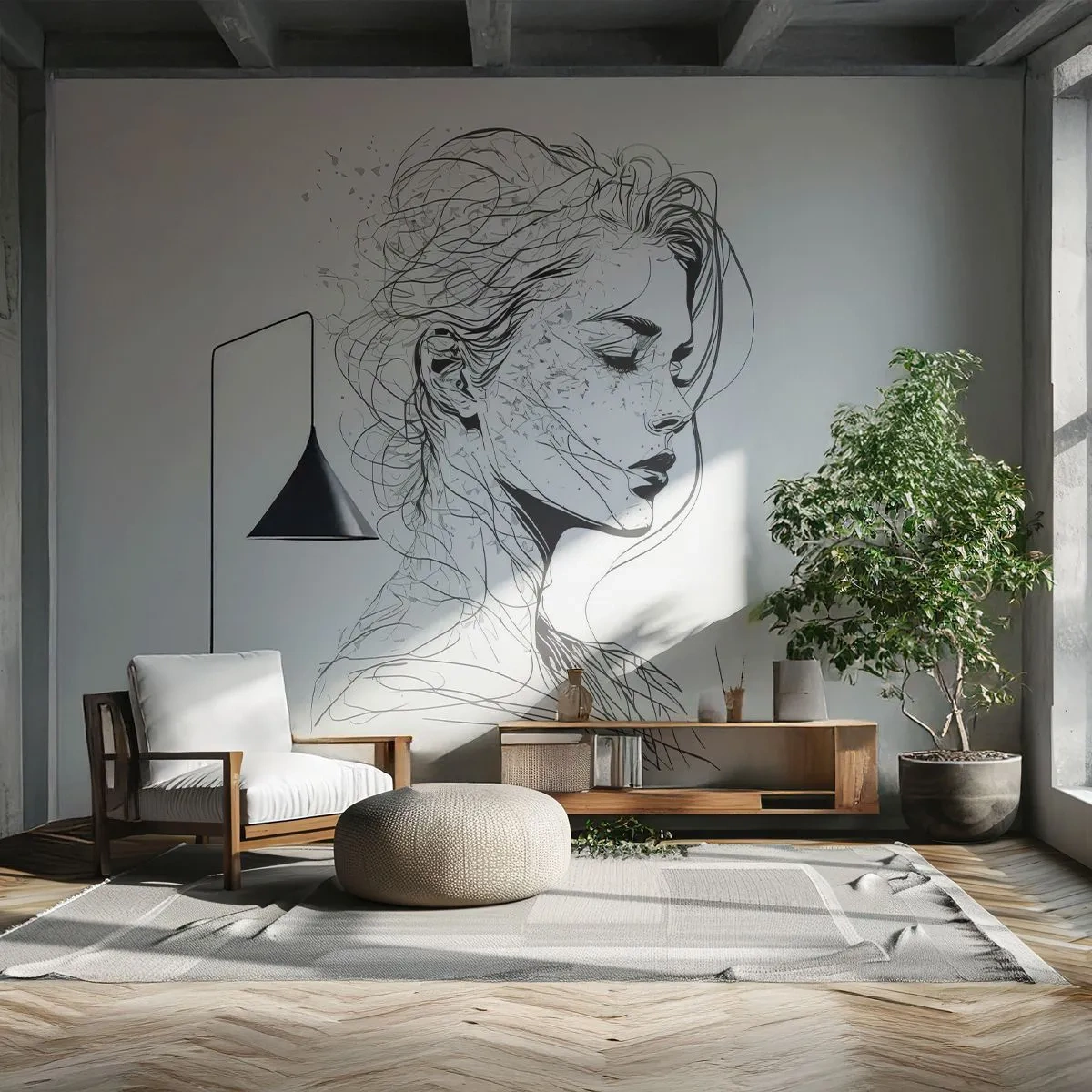 Fotobehang Premium Canvas - Portret in gedachten - Vrouw, Portret, Lijn - 250x175 cm