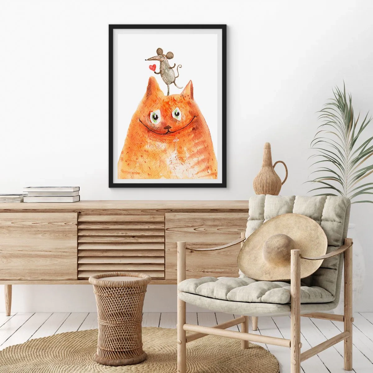 Poster in een zwarte lijst - Een kat met een muis die een hart op zijn kop houdt - 50x70cm - De paradoxen van de liefde - Moderne wanddecoratie voor woonkamer en slaapkamer ARTTOR