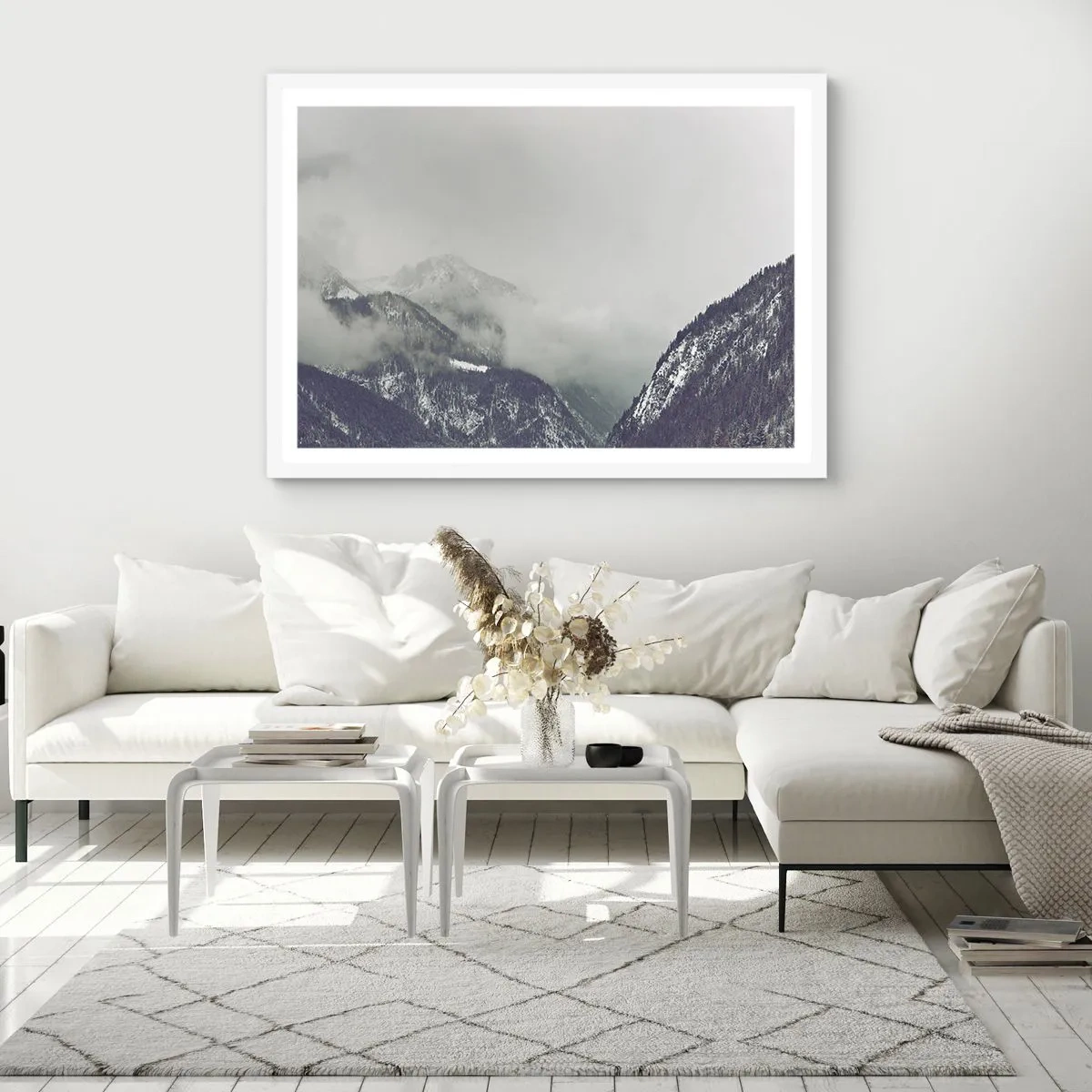 Poster in een witte lijst - Mistige vallei - 70x50 cm