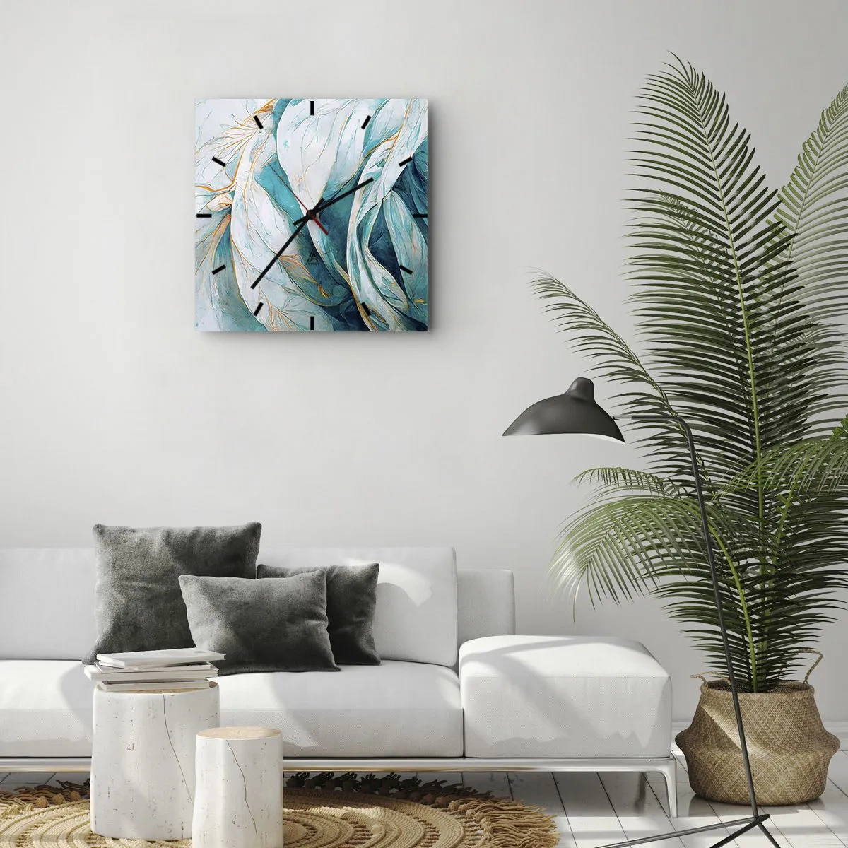 Wandklok - Klok - Blauwe abstractie met een gouden motief - 40x40 cm