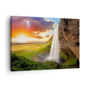 Schilderen op canvas - Een waterval in een schilderachtig landschap bij zonsondergang - 70x50cm - De volheid van de IJslandse zomer - Moderne wanddecoratie voor woonkamer en slaapkamer ARTTOR