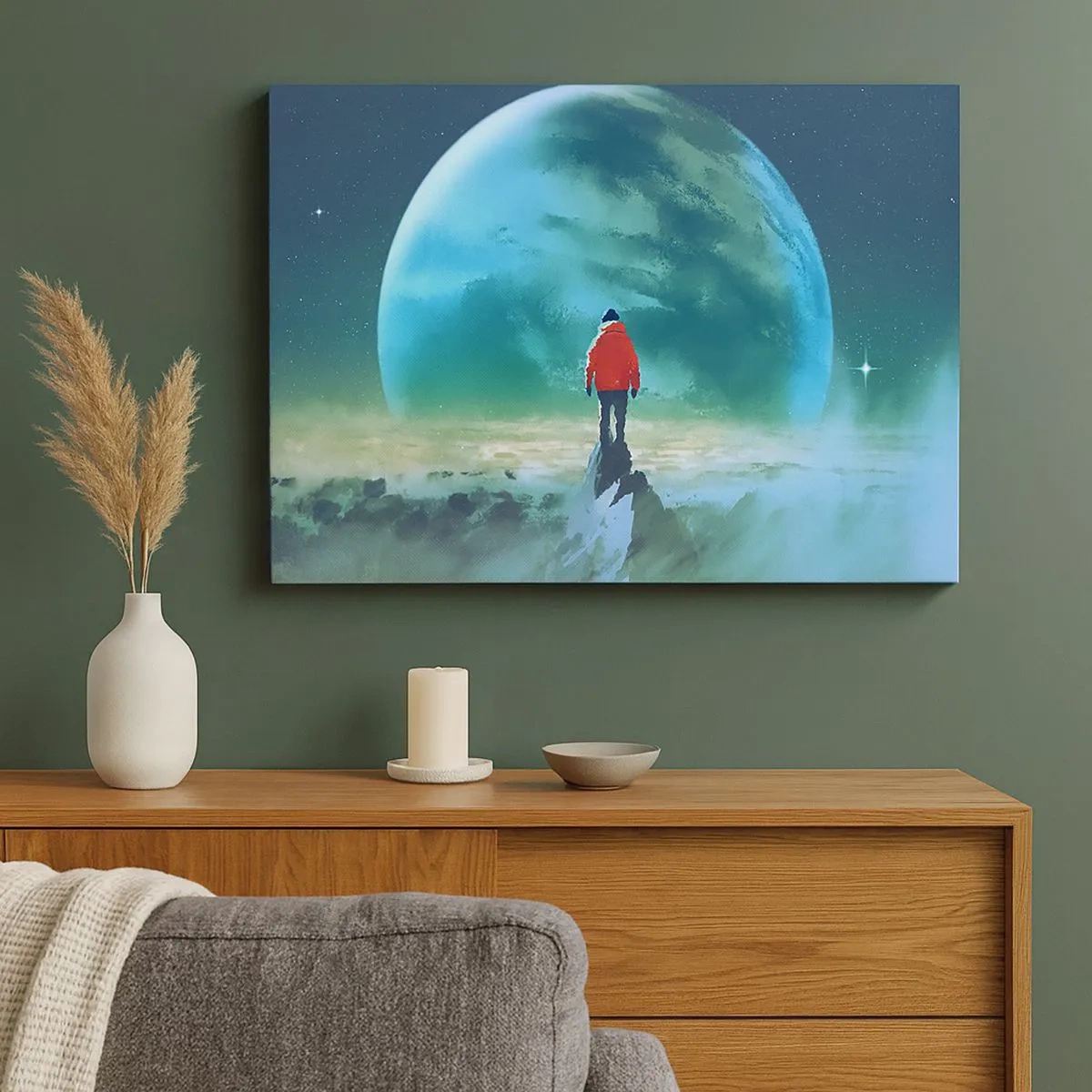 Schilderen op canvas - Een man in een rood jasje staat voor een grote planeet met sterren op de achtergrond. - 70x50cm - Ontdekkingsreiziger van het nieuwe land - Moderne wanddecoratie voor woonkamer en slaapkamer ARTTOR