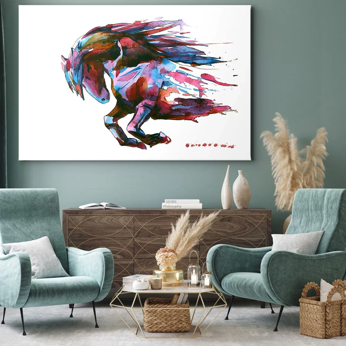 Schilderen op canvas - Een paard in dynamische abstracte kleuren symboliseert vrijheid - 70x50cm - In vervoering - Moderne wanddecoratie voor woonkamer en slaapkamer ARTTOR