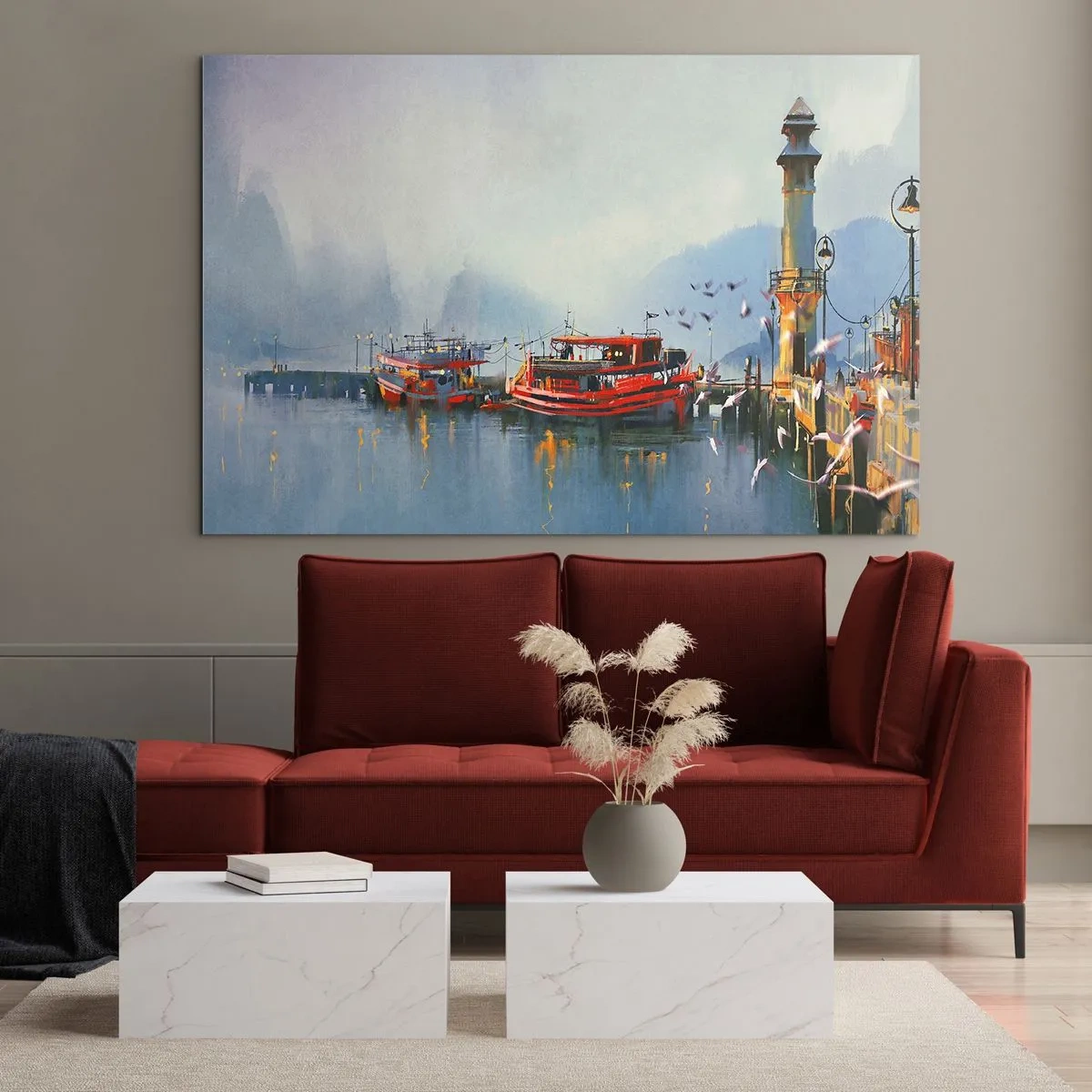 Schilderen op glas - Een haven met rode boten, een vuurtoren en vogels tegen de achtergrond van bergen - 70x50cm - Aan het einde van de wereld - Moderne wanddecoratie voor woonkamer en slaapkamer ARTTOR