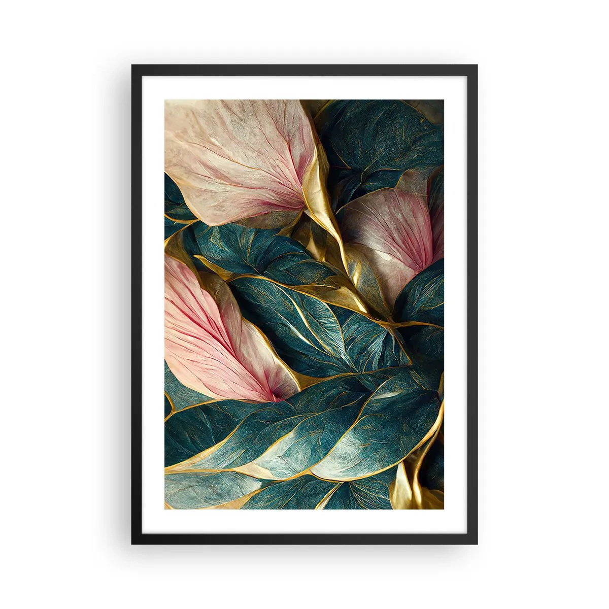Poster in een zwarte lijst - Een elegante compositie van bladeren in tinten groen, goud en roze - 50x70cm - Natuurlijke elegantie en stijl - Moderne wanddecoratie voor woonkamer en slaapkamer ARTTOR