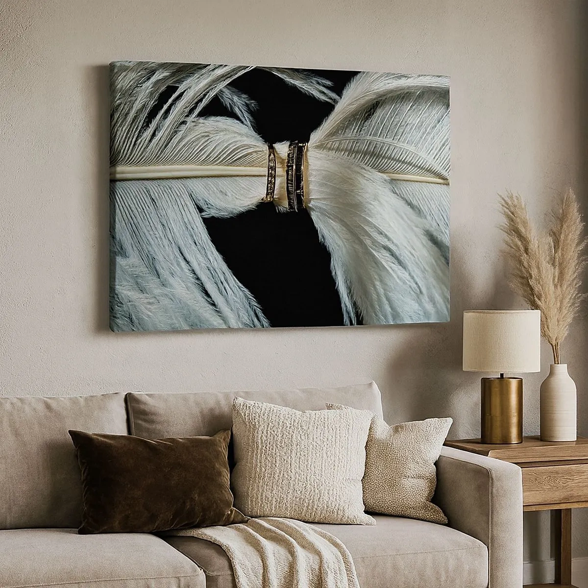 Schilderen op canvas - Een witte veer met twee gouden ringen op een zwarte achtergrond - 70x50cm - ... en ik zal je niet verlaten ... - Moderne wanddecoratie voor woonkamer en slaapkamer ARTTOR