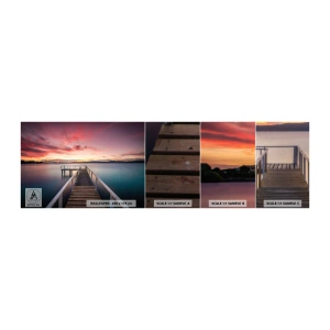 Fotobehang Staaltje Standard Eco - De zachte vlam van de avond - Landschap, Zonsondergang, Houten pier - 100x30 cm