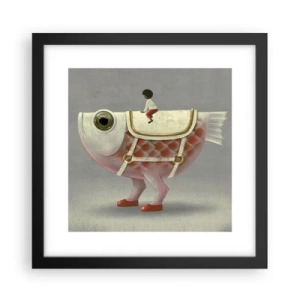 Poster in een zwarte lijst - Ruiter op een surrealistische vis - 30x30 cm