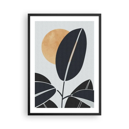 Poster in een zwarte lijst - Een minimalistische compositie van bladeren tegen de achtergrond van de zon - 50x70cm - Hete zomerdag - Moderne wanddecoratie voor woonkamer en slaapkamer ARTTOR