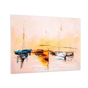 Schilderen op glas - Kleurrijke boten afgemeerd tegen een impressionistische zonsondergangachtergrond - 70x50cm - Avond in de jachthaven - Moderne wanddecoratie voor woonkamer en slaapkamer ARTTOR