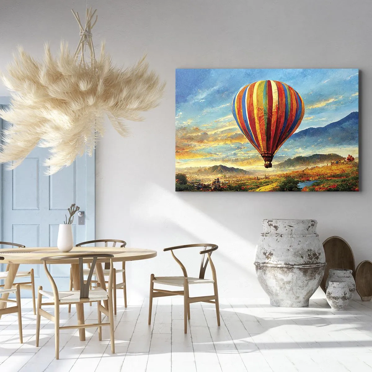 Schilderen op canvas - Een kleurrijke ballon boven een schilderachtig landschap - 70x50cm - In stilte zie je meer - Moderne wanddecoratie voor woonkamer en slaapkamer ARTTOR