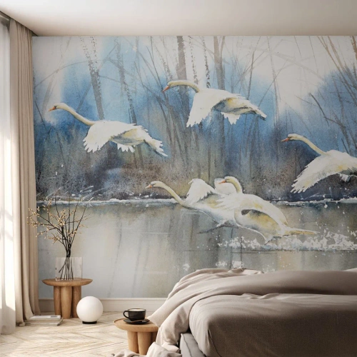 Fotobehang Premium Sand - Zoals in het sprookje over wilde zwanen - Zwanen, Vogels, Landschap - 100x70 cm