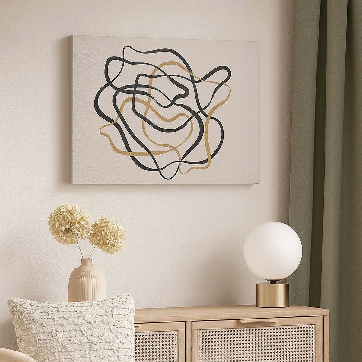 Schilderen op canvas - Verwarde lijnen in zwart en goud op een lichte achtergrond - 70x50cm - Alles ging mis - Moderne wanddecoratie voor woonkamer en slaapkamer ARTTOR