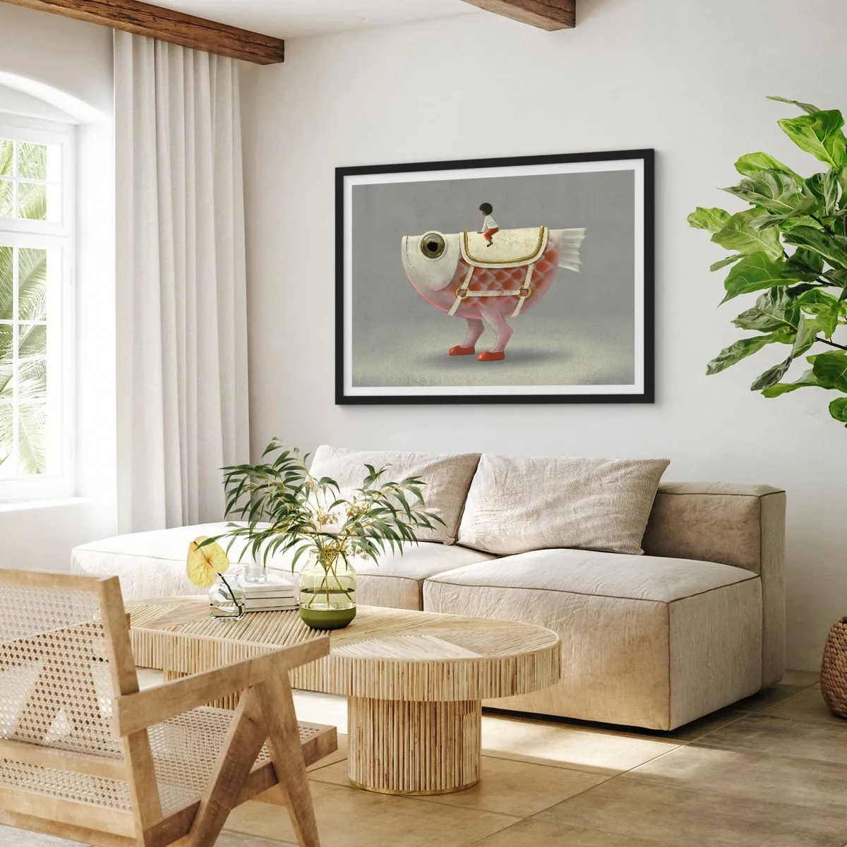 Poster in een zwarte lijst - Ruiter op een surrealistische vis - 50x40 cm