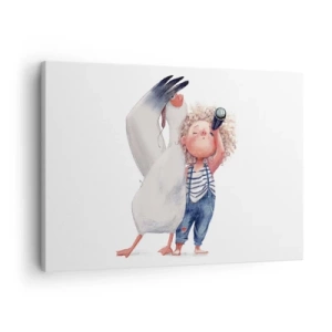 Schilderen op canvas - Illustratie van een kind met een pelikaan en een telescoop in zijn hand - 70x50cm - Een geweldige reisroute - Moderne wanddecoratie voor woonkamer en slaapkamer ARTTOR