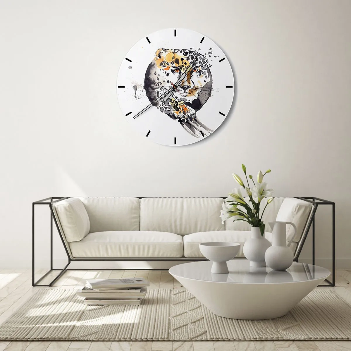 Wandklok - Klok - Luipaard in een artistieke vorm met dynamische deeltjes rond het silhouet - 30x30cm - Roofzuchtige schoonheid - Moderne wanddecoratie voor woonkamer, keuken en slaapkamer ARTTOR