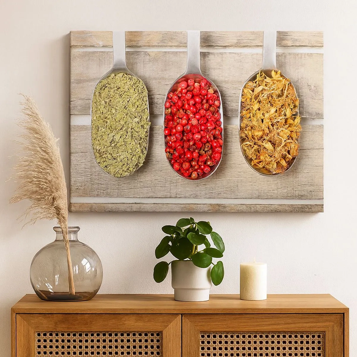 Schilderen op canvas - Drie metalen lepels met kruiden op een houten achtergrond - 70x50cm - Keuken magie - Moderne wanddecoratie voor woonkamer en slaapkamer ARTTOR