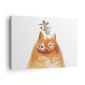 Schilderen op canvas - Een tekening van een kat met een muis op zijn kop die een hart vasthoudt - 70x50cm - De paradoxen van de liefde - Moderne wanddecoratie voor woonkamer en slaapkamer ARTTOR