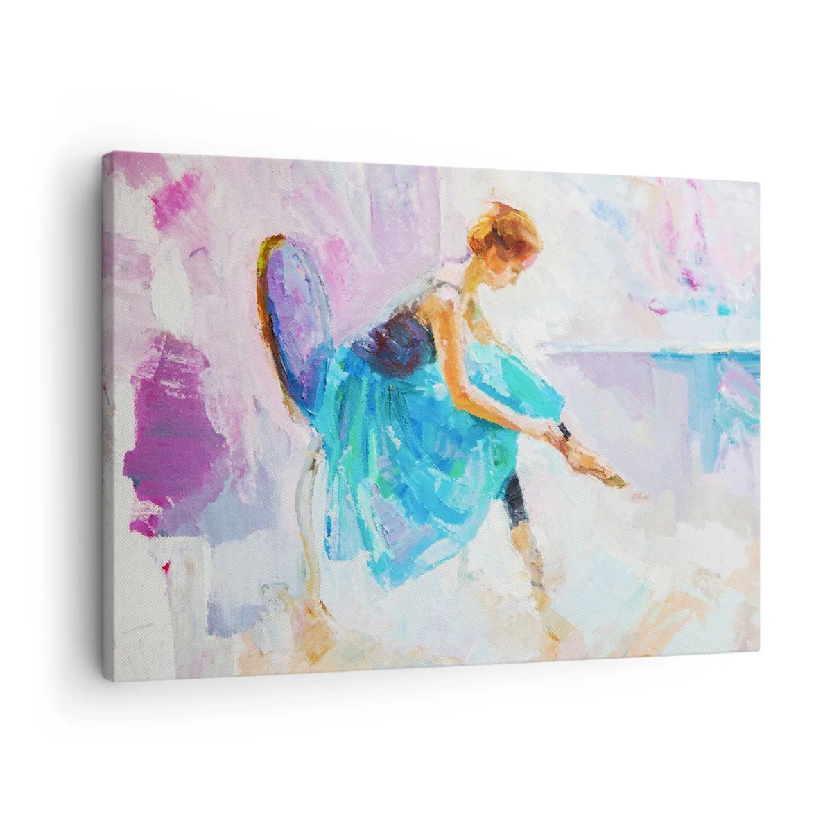 Schilderen op canvas - Een ballerina maakt zich klaar om te dansen in pasteltinten. - 70x50cm - Onuitsprekelijke gratie, subtiele charme - Moderne wanddecoratie voor woonkamer en slaapkamer ARTTOR