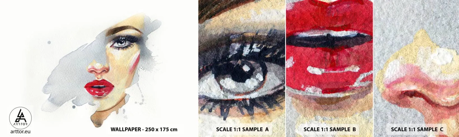 Fotobehang Staaltje Standard Eco - Weerspiegeld in een druppel water - Het gezicht van de vrouw, Vrouw, rode lippen - 100x30 cm