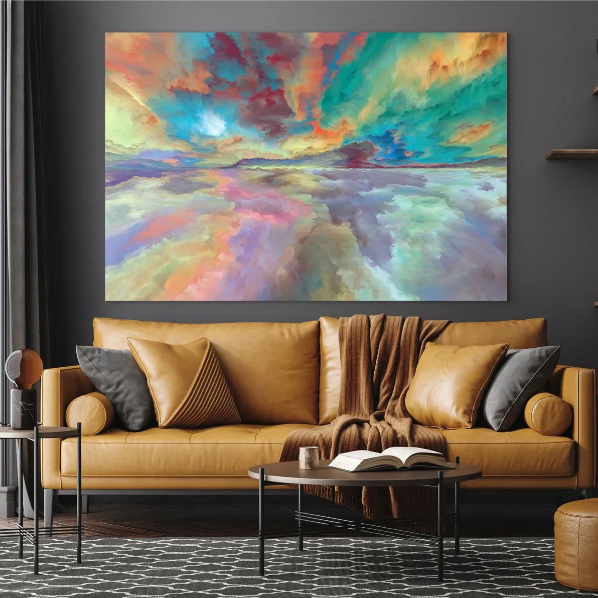 Schilderen op glas - Kleurrijke wolken weerspiegeld in het water aan de horizon - 70x50cm - Twee hemelen - Moderne wanddecoratie voor woonkamer en slaapkamer ARTTOR