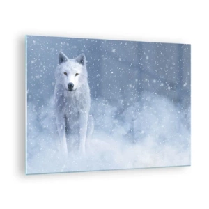 Schilderen op glas - Een witte wolf in een sneeuwstorm kijkt recht vooruit - 70x50cm - In winterse sferen - Moderne wanddecoratie voor woonkamer en slaapkamer ARTTOR